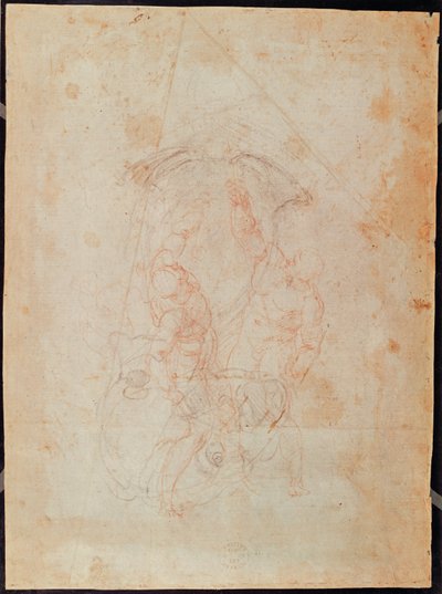 Studie von zwei männlichen Figuren (Rötel auf Papier) (verso) von Michelangelo Buonarroti